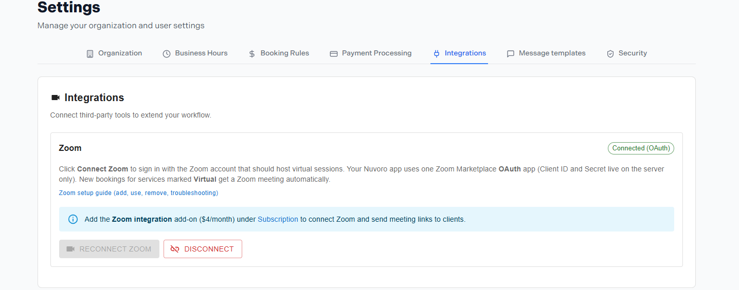 Integrations settings page